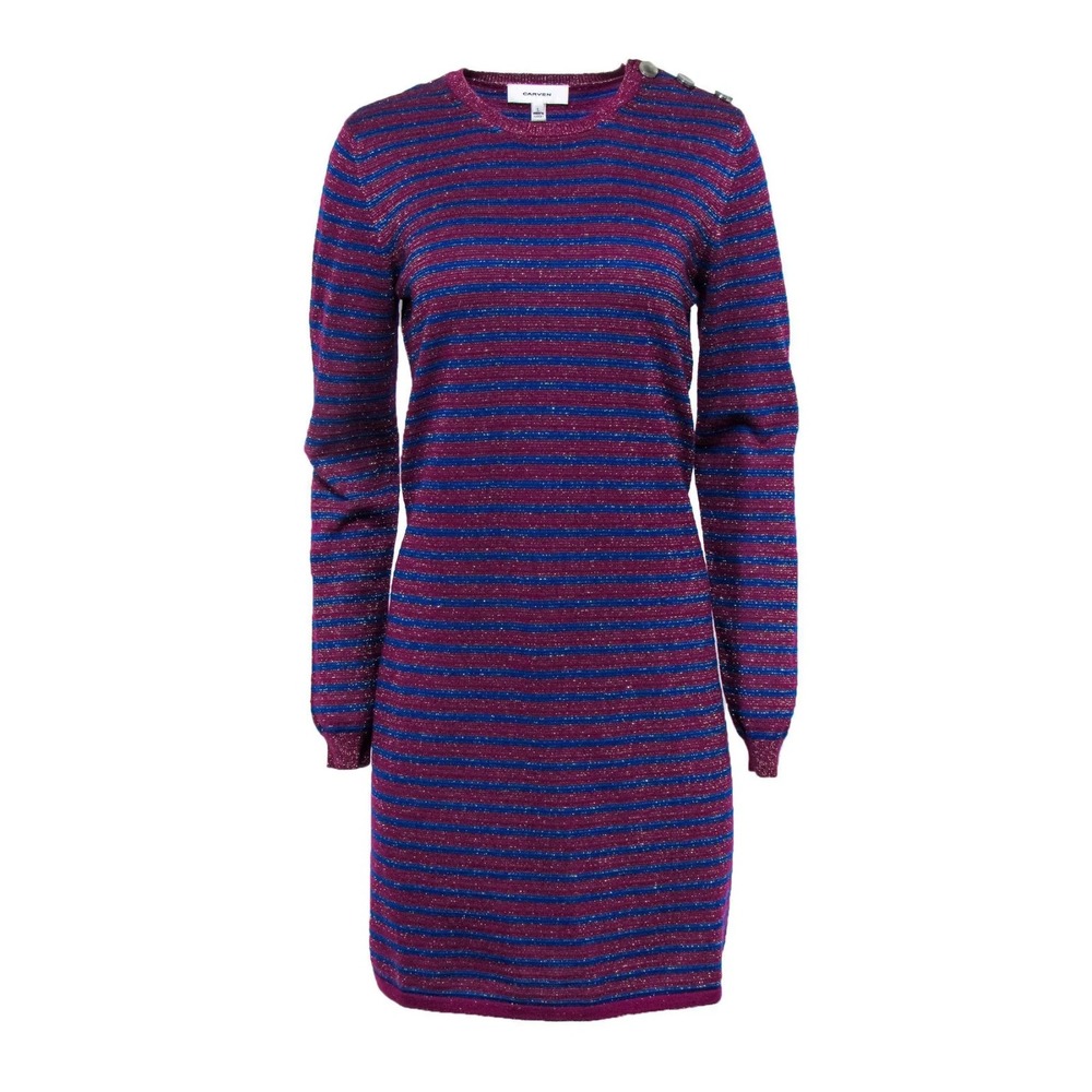 CARVEN Blue Plum Striped Metallic Knitted Wool Sweater Dress Long Sleeve Mini XS
